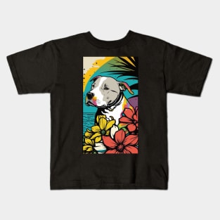 American Staffordshire Terrier PitBull Dog Vibrant Tropical Flower Tall Retro Vintage Digital Pop Art Portrait 6 Kids T-Shirt